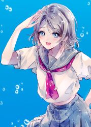 Rule 34 | 10s, 1girl, :d, ahma, bad id, bad twitter id, blue background, blue eyes, blue sailor collar, blue skirt, bubble, commentary request, hand up, highres, korean commentary, leaning forward, love live!, love live! sunshine!!, neckerchief, open mouth, pleated skirt, red neckerchief, sailor collar, salute, school uniform, serafuku, shirt, short hair, short sleeves, silver hair, skirt, smile, solo, standing, upper body, uranohoshi school uniform, watanabe you, white shirt