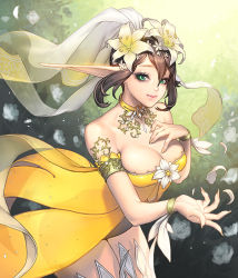Rule 34 | 1girl, breasts, brown hair, card (medium), chaos online, cowboy shot, flower, green eyes, hair flower, hair ornament, herjuna, large breasts, looking at viewer, love cacao, official art, pointy ears, short hair, smile, solo, thighhighs, white thighhighs