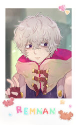 Rule 34 | 1boy, bags under eyes, bare shoulders, character name, chiimako, crab, detached sleeves, fingerless gloves, gloves, gnosia, grey eyes, grey hair, hair between eyes, looking at viewer, male focus, purple eyes, remnan (gnosia), short hair, simple background, translation request, v-shaped eyebrows