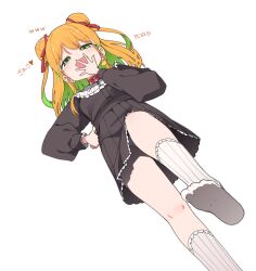 1girl absurdres black_dress blush breasts choker double_bun dress feet green_eyes green_hair hair_bun hair_ribbon hand_on_own_hip hand_to_own_mouth heart highres indie_virtual_youtuber long_sleeves looking_at_viewer luke_(dydansgur) open_mouth orange_hair panties pantyshot red_choker red_ribbon ribbon simple_background smug socks solo spoken_www tamura_mikan translation_request underwear virtual_youtuber white_background white_socks