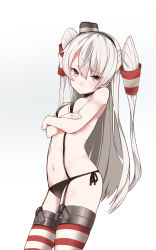 Rule 34 | 10s, 1girl, amatsukaze (kancolle), bad id, bad pixiv id, bare shoulders, breasts, brown eyes, choker, cowboy shot, crossed arms, hair tubes, highres, kantai collection, looking at viewer, mitsudoue, navel, panties, side-tie swimsuit, sideboob, silver hair, simple background, small breasts, solo, striped clothes, striped thighhighs, swimsuit, thighhighs, two side up, underwear, white background