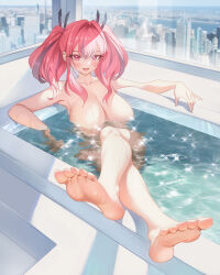 Rule 34 | 1girl, :d, arm rest, azur lane, bathtub, blush, breasts, bremerton (azur lane), cityscape, cleavage, completely nude, crossed legs, feet, grey hair, hair intakes, highres, indoors, large breasts, long hair, looking at viewer, nude, open mouth, partially submerged, red eyes, red hair, smile, soles, sparkle, sunlight, toes, twintails, water, wet, window, zzo (chorizzzzo)