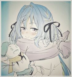 Rule 34 | 1girl, :d, akane canna, akinosub, black ribbon, blue hair, blue mittens, blush, border, closed mouth, coat, commentary request, fang, green hair, grey scarf, hair intakes, hair ribbon, highres, holding snowman, long hair, looking at viewer, medium bangs, mittens, mole, mole under eye, multicolored hair, muted color, nanashi inc., open clothes, open coat, open mouth, pink eyes, ribbon, scarf, smile, snowman, solo, suzumi nemo, suzumi nemo (1st costume), two-tone hair, two side up, upper body, virtual youtuber, white border