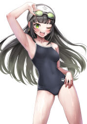 Rule 34 | 1girl, absurdres, armpits, black hair, black one-piece swimsuit, blush, breasts, collarbone, competition school swimsuit, covered navel, cross, cross earrings, dangle earrings, earrings, eyelashes, fang, goggles, goggles on head, green eyes, habit, highres, hirado motoe, jewelry, long hair, medium breasts, one-piece swimsuit, one eye closed, onsen musume, open mouth, sahara1127, school swimsuit, simple background, solo, swimsuit, teeth, upper teeth only, white background