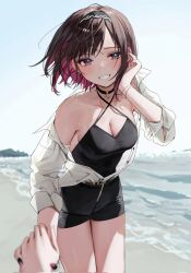 Rule 34 | 2girls, beach, black choker, black hair, black nails, black shorts, blurry, blush, bracelet, breasts, brown hair, chigusa minori, choker, cleavage, clenched teeth, collarbone, collared shirt, colored inner hair, commentary request, corrupted twitter file, criss-cross halter, depth of field, dress shirt, floating hair, gradient nails, tucking hair, halterneck, highres, jewelry, looking at viewer, medium breasts, multicolored hair, multiple girls, open clothes, open shirt, outdoors, pov, purple eyes, purple nails, red hair, saotome shino (shino to ren), see-through silhouette, shino to ren, shirayuki ren, shirt, shorts, single bare shoulder, smile, solo focus, swimsuit, swimsuit under clothes, teeth, white shirt, yuri