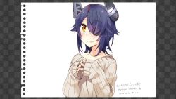 Rule 34 | 1girl, blush, brown eyes, closed mouth, collarbone, eyepatch, hair over one eye, kantai collection, kotobuki (momoko factory), long sleeves, looking at viewer, messy hair, purple hair, ribbed sweater, short hair, sleeves past wrists, smile, solo, sweater, tenryuu (kancolle), translation request, white sweater