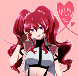 Rule 34 | 10s, 1girl, :d, breasts, character name, copyright name, cross ange, fingerless gloves, gloves, hair between eyes, hair ornament, hair scrunchie, heart, highres, hilda (cross ange), long hair, looking away, looking to the side, midriff, momomoka128, navel, open mouth, purple eyes, red hair, scrunchie, sidelocks, simple background, smile, solo, twintails, upper body