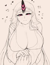 Rule 34 | 1girl, abyssal ship, blush, breasts, cleavage, closed mouth, collarbone, huge breasts, kantai collection, limited palette, long sleeves, looking at viewer, pov, pov hands, purple eyes, seaport princess, smile, solo focus, uni (oni unicorn)