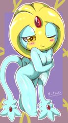 1girl blush breasts creatures_(company) female_focus furry furry_female game_freak gen_4_pokemon highres legendary_pokemon mutuki nintendo one_eye_closed pokemon pokemon_(creature) smile solo uxie wink yellow_eyes