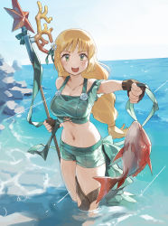 Rule 34 | 1girl, blonde hair, breasts, brown gloves, cleavage, fingerless gloves, fire emblem, fire emblem: three houses, fire emblem heroes, fish, flower, gloves, green eyes, hair flower, hair ornament, highres, holding, ingrid brandl galatea, long hair, midriff, nintendo, open mouth, outdoors, polearm, solo, swimsuit, tugo, wading, water, weapon