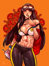 Rule 34 | 1girl, abs, absurdres, bangle, bracelet, breasts, brown hair, cheunchin, choker, cleavage, commentary, contrapposto, cup, disposable cup, english commentary, eyewear on head, finger to mouth, highres, jacket, jewelry, large breasts, lips, long hair, navel, off-shoulder jacket, off shoulder, open clothes, open jacket, original, pants, red jacket, rimless eyewear, skin tight, solo, sports bra, strap slip, sunglasses, sunglasses on head, thick thighs, thighs, toned, yoga pants