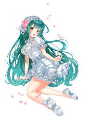 Rule 34 | 1girl, :d, absurdres, arm support, breasts, cherry blossoms, cleavage, dress, flower, frilled dress, frills, full body, green eyes, green hair, hair flower, hair ornament, hairband, headdress, highres, kneeling, lolita fashion, long hair, looking at viewer, mary janes, matching hair/eyes, moyon, open mouth, petals, puffy sleeves, shoes, short sleeves, smile, solo, touhoku zunko, transparent background, twisted torso, very long hair, vocaloid, voiceroid, white dress, yellow eyes