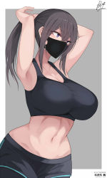 Rule 34 | 1girl, abs, absurdres, armpits, arms up, black hair, black pants, black sports bra, border, breasts, cleavage, collarbone, commentary request, grey eyes, hair between eyes, highres, large breasts, long hair, mask, mouth mask, navel, original, pants, ponytail, signature, simple background, solo, sports bra, sportswear, stomach, toned, tying hair, yuzuki himuka