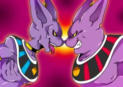 Rule 34 | 10s, 2boys, animal ears, artist name, beerus, brothers, cat ears, champa (dragon ball), colored skin, dragon ball, dragon ball super, earrings, fat, fat man, grin, jewelry, male focus, multiple boys, neck ring, no humans, noses touching, open mouth, purple skin, raku220p, ribs, sharp teeth, siblings, signature, single earring, smile, teeth, tongue, tongue out