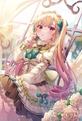 Rule 34 | 1girl, blonde hair, candy, chocolate, chocolate heart, dress, flower, food, frilled dress, frills, gin (gin937), gradient hair, green ribbon, hand up, headdress, heart, highres, himitsu no valentine daisakusen! (project sekai), holding, holding chocolate, holding food, long hair, looking at viewer, multicolored hair, open mouth, pink eyes, pink hair, project sekai, ribbon, rose, solo, tenma saki, twintails, valentine