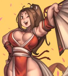 Rule 34 | 1girl, ;), absurdres, ahoge, armor, breasts, brown eyes, brown hair, fatal fury, folding fan, hand fan, hand on own hip, highres, holding, holding fan, japanese armor, kelvin hiu, kote, large breasts, long hair, looking at viewer, ninja, no bra, no panties, one eye closed, open mouth, pelvic curtain, petals, ponytail, rope, sash, shimenawa, shiranui mai, short eyebrows, sleeveless, smile, solo, the king of fighters, yellow background