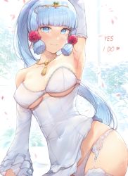 Rule 34 | 1girl, arm up, armpit lips, armpits, ayaka (genshin impact), blue eyes, blue hair, blunt bangs, blush, bra, breasts, cleavage, closed mouth, covered navel, cowboy shot, detached sleeves, english text, female focus, garter straps, genshin impact, highres, jewelry, kimoshi, lace, lace-trimmed bra, lace trim, large breasts, long hair, long sleeves, looking at viewer, necklace, panties, petals, ponytail, sidelocks, smile, solo, strapless, strapless bra, thighhighs, tiara, underboob, underbust, underwear, underwear only, very long hair, white bra, white panties, white thighhighs