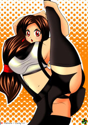 Rule 34 | 1girl, absurdres, breasts, cowboy shot, female focus, final fantasy, final fantasy vii, highres, large breasts, leg up, long hair, looking at viewer, lucky-jj, red eyes, simple background, solo, split, spread legs, standing, standing on one leg, standing split, thighhighs, thighs, tifa lockhart, upskirt