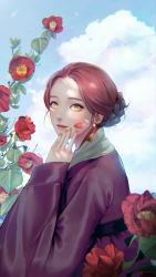 Rule 34 | 1girl, absurdres, braid, braided bun, camellia, chromatic aberration, cloud, day, earrings, fingernails, flower, from side, hair bun, hanbok, hand on own cheek, hand on own face, hand up, highres, jewelry, korean clothes, korean commentary, kunmang, light smile, lips, looking at viewer, nail polish, original, outdoors, parted hair, petal on face, purple robe, red hair, red lips, red nails, robe, shade, short hair, single hair bun, sleeves past wrists, solo, tassel, tassel earrings, upper body, yellow eyes