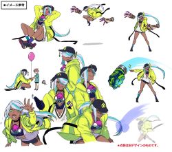 Rule 34 | 1girl, asymmetrical footwear, baseball cap, blue hair, breasts, cleavage, concept art, dark skin, disembodied hand, finger tattoo, hat, highres, isla (kof), leg tattoo, light blue hair, long hair, mask, mask around neck, official art, ogura eisuke, oversized clothes, paint can, respirator, spray can, spray paint, spraying, tattoo, the king of fighters, the king of fighters xv