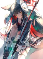 Rule 34 | 1girl, animal ear fluff, animal ears, arisaka, bayonet, black choker, black hair, black kimono, blue archive, blunt bangs, blunt ends, bolt action, boots, bow, choker, closed mouth, colored inner hair, commentary request, floral print, fox ears, fox mask, fox tail, gun, hair ornament, halo, highres, holding, japanese clothes, kimono, leg up, long hair, long sleeves, looking at viewer, mask, mask on head, miniskirt, multicolored hair, print kimono, red hair, rifle, shiro youduki, simple background, single thighhigh, sitting, skirt, solo, tail, tail bow, tail ornament, tassel, thigh strap, thighhighs, two-tone hair, wakamo (blue archive), weapon, white background, wide sleeves, yellow eyes