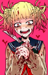 Rule 34 | 10s, 1girl, bags under eyes, blonde hair, blood, blood on clothes, blood on face, bloody weapon, blunt bangs, boku no hero academia, cardigan, double bun, fangs, hair bun, highres, itoshiki eru, knife, open mouth, pink background, pinky out, school uniform, serafuku, smile, solo, toga himiko, upper body, weapon, yellow eyes