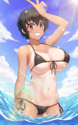Rule 34 | 1girl, anarchojs, arm behind back, arm up, bare arms, bare shoulders, bikini, black bikini, blue sky, breasts, cleavage, cloud, collarbone, commentary request, covered erect nipples, cowboy shot, dark-skinned female, dark skin, day, fang, front-tie bikini top, front-tie top, grin, hand on own head, highres, huge breasts, light particles, looking at viewer, micro bikini, navel, ocean, one-piece tan, original, outdoors, red eyes, short hair, side-tie bikini bottom, skindentation, sky, smile, solo, standing, stomach, string bikini, sunlight, swimsuit, tan, tanline, v, wading, water, water drop, wet