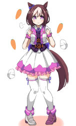Rule 34 | 1girl, absurdres, animal ears, asymmetrical footwear, blue ribbon, bowl, brown hair, carrot, clenched hand, commentary request, highres, horse ears, horse girl, horse tail, ishimori sakana, looking at viewer, mismatched footwear, purple eyes, ribbon, rice bowl, short hair, sidelocks, simple background, skirt, solo, special week (umamusume), standing, tail, thighhighs, umamusume, white background, white skirt, white thighhighs