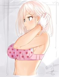 Rule 34 | 10s, 1girl, :o, arm up, armpits, artist name, bare shoulders, blue eyes, blush, bra, breasts, collarbone, detached sleeves, expressionless, hair ornament, hairclip, hamakaze (kancolle), hand in own hair, isshiki (ffmania7), kantai collection, large breasts, looking to the side, navel, parted lips, pink bra, polka dot, polka dot bra, short hair, sketch, solo, stomach, underwear, underwear only, upper body, white hair