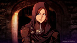Rule 34 | 1girl, armor, artist request, blue eyes, cloak, closed mouth, dragon age, dragon age: inquisition, facing viewer, gradient background, happy, hood, hood up, leliana (dragon age), looking to the side, red hair, short hair, smile, solo, symbol, upper body