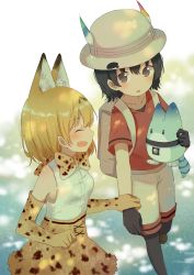Rule 34 | 10s, 2girls, ^ ^, animal ears, bad id, bad pixiv id, black gloves, black hair, blonde hair, blush, brown eyes, brown gloves, brown skirt, bucket hat, closed eyes, collarbone, elbow gloves, fang, gloves, hair between eyes, hat, hat feather, highres, holding, holding own arm, kaban (kemono friends), kemono friends, looking at another, lucky beast (kemono friends), mimengfeixue, multiple girls, open mouth, pantyhose, pantyhose under shorts, parted lips, red shirt, serval (kemono friends), serval print, shirt, short hair, short sleeves, shorts, skirt, sleeveless, smile, v-neck, walking