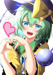 Rule 34 | 1girl, :d, absurdres, blouse, blue eyes, blush, bow, commentary, crossed bangs, frilled shirt collar, frilled sleeves, frills, green eyes, green hair, green pupils, hair between eyes, hands up, hat, hat bow, heart, heart hands, highres, kanatsu (izayoi f2202), komeiji koishi, looking at viewer, open mouth, own hands together, purple hat, shirt, short hair, simple background, smile, solo, symbol-only commentary, teeth, third eye, touhou, upper body, upper teeth only, white background, yellow bow, yellow shirt