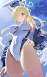 1girl absurdres animal_ear_fluff animal_ears blonde_hair blue_archive blue_eyes blue_jacket blue_sky blush bocchi_(kuropom7) breasts cloud cloudy_sky commentary_request competition_swimsuit covered_navel dog_ears dog_girl extra_ears hair_over_one_eye halo hand_on_own_hip highleg highleg_one-piece_swimsuit highres jacket kanna_(blue_archive) kanna_(swimsuit)_(blue_archive) large_breasts long_hair looking_at_viewer off_shoulder official_alternate_costume official_alternate_hairstyle one-piece_swimsuit open_clothes open_jacket ponytail sharp_teeth sky solo swimsuit teeth thighs whistle whistle_around_neck white_one-piece_swimsuit