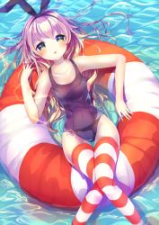 Rule 34 | 10s, 1girl, alternate hair color, gradient hair, green eyes, hairband, highres, hoshi no yurara (xxberry 0x0), innertube, kantai collection, lying, multicolored hair, one-piece swimsuit, school swimsuit, shimakaze (kancolle), solo, striped clothes, striped thighhighs, swim ring, swimsuit, thighhighs, water