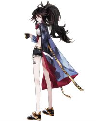 Rule 34 | !, 1girl, alternate costume, alternate hairstyle, artist request, bare legs, belt, black coat, black hair, black sleeves, bone print, coat, crop top, cup, final gear, full body, hair flaps, hair tie, half updo, hand in pocket, high ponytail, holding, holding cup, leg tattoo, legs, light frown, long hair, long sleeves, looking at viewer, midriff, multicolored footwear, official alternate costume, official art, paula (final gear), pocket, shoes, short shorts, shorts, simple background, skinny, skull print, sneakers, solo, tachi-e, tattoo, third-party source, torn clothes, torn shorts, triangle print, two-sided coat, two-sided fabric, white background, yellow belt, yellow eyes