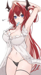 Rule 34 | 1girl, absurdres, arknights, arm up, armpits, bikini, blue eyes, breasts, chunta, cleavage, commentary request, cowboy shot, hair between eyes, highres, horns, large breasts, long hair, looking at viewer, mouth hold, official alternate costume, red hair, simple background, solo, standing, surtr (arknights), surtr (colorful wonderland) (arknights), swimsuit, thigh strap, thighs, very long hair, white background