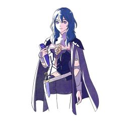 Rule 34 | 1girl, armor, artist name, black armor, black shorts, blue eyes, blue hair, book, byleth (female) (fire emblem), byleth (fire emblem), cape, closed mouth, fire emblem, fire emblem: three houses, holding, holding book, knife, lilac knight, long hair, navel, nintendo, shorts, simple background, solo, white background