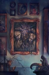 Rule 34 | amygdala (bloodborne), bloodborne, book, book stack, candle, chalice, commentary request, cup, extra eyes, fire, indoors, monster, no humans, painting (object), solo, statue, yoshioka (haco)
