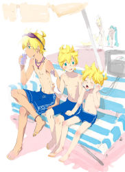 Rule 34 | 2girls, 3boys, aged down, anklet, aqua eyes, bad id, bad pixiv id, barefoot, beach, bench, bikini, blonde hair, blue jammers, blue male swimwear, blue swim trunks, child, drink, feet, goggles, goggles on head, hatsune miku, headphones, jammers, jewelry, kagamine len, kagamine rin, kai (charcoal), kai (pixiv463508), long hair, male swimwear, multiple boys, multiple girls, multiple persona, music, shirt tan, singing, sitting, striped, sunglasses, swim trunks, swimsuit, tan, tanline, time paradox, topless male, twintails, very long hair, vocaloid