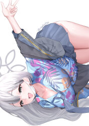1girl absurdres artist_name black_eyes black_jacket blue_archive blue_shirt blue_skirt blush breasts chee_ke cleavage collared_shirt commentary_request floral_print_shirt grey_hair grey_halo grey_necktie halo hawaiian_shirt highres jacket konoka_(blue_archive) large_breasts long_hair looking_at_viewer miniskirt necktie open_clothes open_jacket open_mouth pleated_skirt shirt sideways simple_background skirt smile solo tie_clip white_background