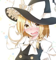 Rule 34 | 1girl, abe suke, arm up, blonde hair, blush, bow, bowtie, braid, hair bow, hat, hat bow, juliet sleeves, kirisame marisa, long sleeves, looking at viewer, nose blush, open mouth, puffy sleeves, side braid, single braid, solo, star (symbol), starry background, sweat, touhou, upper body, white bow, white bowtie, yellow eyes