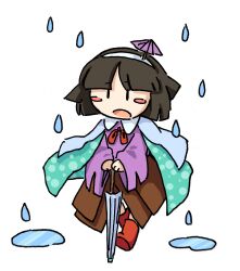 Rule 34 | 1other, absurdres, amanomiya jun, androgynous, aqua cape, baila kuangzi, black hair, blue umbrella, blush stickers, boots, bow, bowtie, brown skirt, cape, chibi, chinese commentary, closed umbrella, collared shirt, commentary request, hairband, highres, holding, holding umbrella, len&#039;en, long sleeves, no nose, open mouth, other focus, pink shirt, puddle, rain, red bow, red bowtie, red footwear, shirt, short hair, skirt, solo, umbrella, umbrella hair ornament, white hairband, wide sleeves