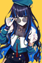 Rule 34 | 1girl, bare shoulders, beret, black hair, black shorts, blue hair, blush, bracelet, breasts, buttons, colored inner hair, double-breasted, eyeliner, fate/grand order, fate (series), green hat, green jacket, grey eyes, hat, highres, jacket, jewelry, long hair, long sleeves, looking at viewer, makeup, multicolored hair, neck ring, o-ring, off shoulder, revision, round eyewear, shorts, sidelocks, small breasts, smile, solo, sunglasses, tenochtitlan (fate), tenochtitlan (second ascension) (fate), untue, wavy hair, zipper