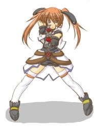Rule 34 | 00s, 1girl, belt, buckle, cross mirage, dual wielding, fighting stance, full body, gun, holding, legs apart, looking at viewer, lyrical nanoha, mahou shoujo lyrical nanoha, mahou shoujo lyrical nanoha strikers, see-through, simple background, skirt, solo, standing, teana lanster, thighhighs, twintails, weapon, white background, white thighhighs, zettai ryouiki