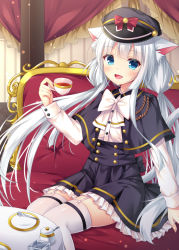 Rule 34 | 1girl, :d, animal ear fluff, animal ears, black capelet, black hat, black skirt, blue eyes, capelet, cat ears, cat girl, cat tail, commentary request, couch, cup, dress shirt, fang, frilled skirt, frills, fujikura ryuune, garter straps, hat, holding, holding cup, long hair, long sleeves, low twintails, on couch, open mouth, original, peaked cap, shirt, silver hair, sitting, skirt, smile, solo, table, tail, tea, teacup, thighhighs, twintails, very long hair, white shirt, white thighhighs