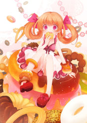 Rule 34 | 1girl, bow, curly hair, doughnut, dress, eating, fang, food, food as clothes, food on body, food-themed clothes, hair bow, hair rings, koto (colorcube), mary janes, mister donut, no socks, open mouth, orange hair, original, oversized object, pink eyes, red eyes, red footwear, footwear bow, shoes, sleeveless, sleeveless dress, solo, twintails