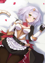 Rule 34 | 1girl, afrody, apron, armor, ascot, bed sheet, belt, blunt bangs, braid, breastplate, breasts, chain, cleavage, commentary, detached collar, flower, from above, gauntlets, genshin impact, green eyes, grey hair, hair ornament, highres, long sleeves, looking at viewer, looking up, lying, maid, maid apron, medium breasts, no headwear, noelle (genshin impact), on back, pantyhose, parted lips, petals, red flower, red rose, rose, short hair, sidelocks, simple background, single braid, solo