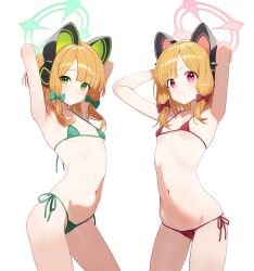 Rule 34 | 2girls, alternate costume, animal ear headphones, animal ears, armpits, arms up, bikini, blonde hair, blue archive, bow, breasts, cat ear headphones, cat ears, fake animal ears, hair bow, halo, headphones, highres, looking at viewer, melreon, micro bikini, midori (blue archive), momoi (blue archive), multiple girls, navel, petite, presenting armpit, siblings, side-tie bikini bottom, simple background, sisters, small breasts, stomach, string bikini, swimsuit, twins, white background