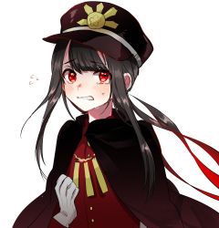 Rule 34 | 1boy, androgynous, bad id, bad twitter id, black hair, blush, cape, clenched teeth, crying, crying with eyes open, fate/grand order, fate (series), flying sweatdrops, gloves, hat, highres, long hair, looking at viewer, male focus, military, military hat, military uniform, oda nobukatsu (fate), oda nobuyuki (fate/grand order), red eyes, simple background, solo, tears, teeth, trap, uniform, upper body, white background, white gloves