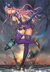 Rule 34 | 1girl, ariverkao, ass, brown eyes, closed mouth, dated, detached sleeves, dragon horns, dragon tail, holding, holding staff, horns, looking at viewer, looking back, original, pink hair, pointy ears, purple thighhighs, signature, skirt, solo, staff, standing, standing on one leg, tail, thighhighs